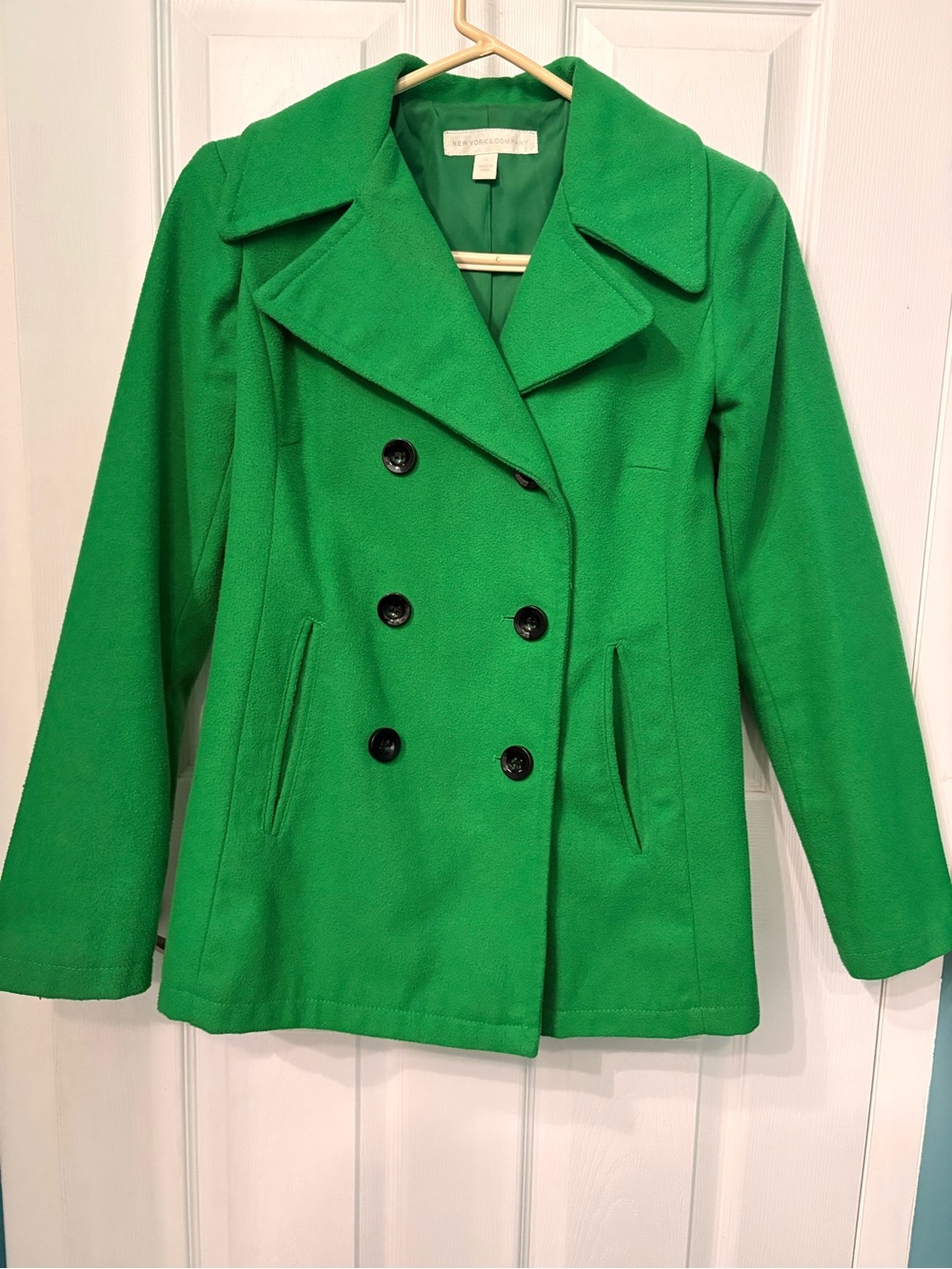New York & Company Bright Green Double-Breasted Peacoat